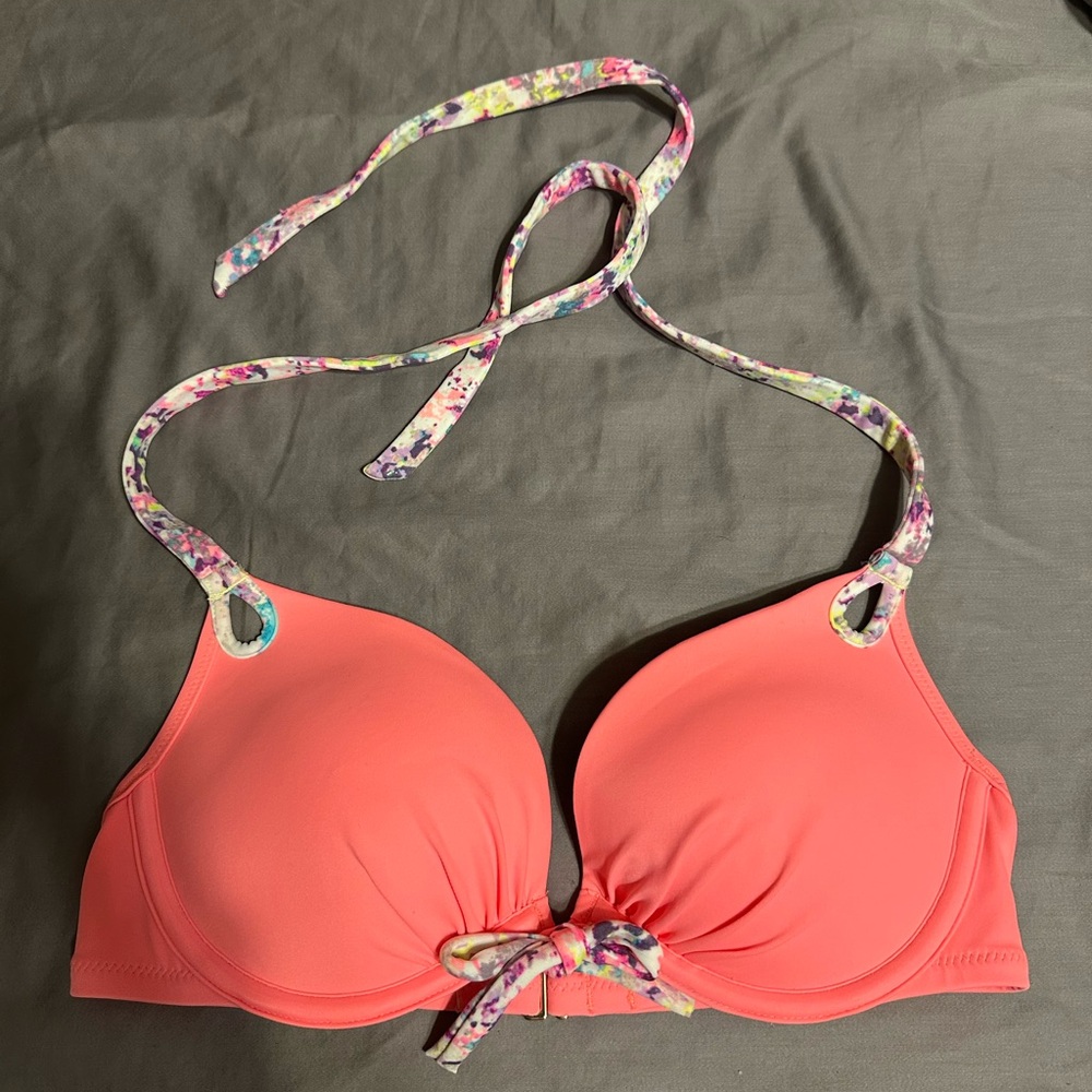 Victoria’s Secret Coral Bikini Top with Floral Straps size 32 B
